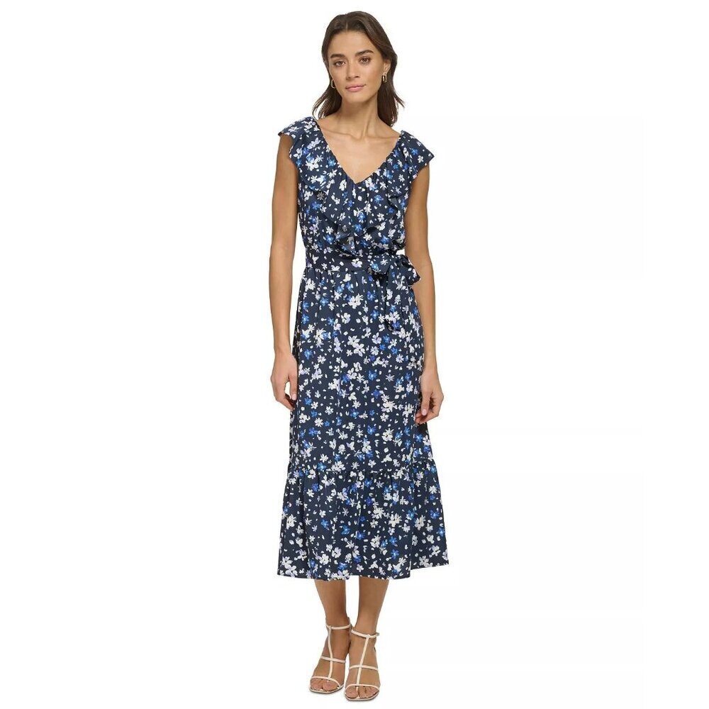 DKNY Womens Size 4 Ruffled Floral‎ Print A Line Midi Dress Blue/White $139 FLAW